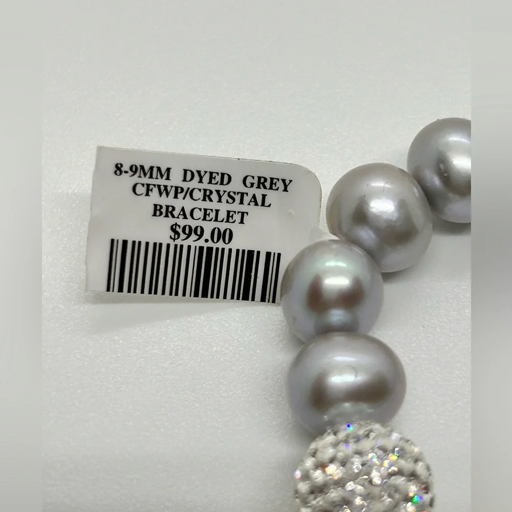 8-9mm Grey Freshwater Pearl Disco Ball Crystal Stretch Bracelet
